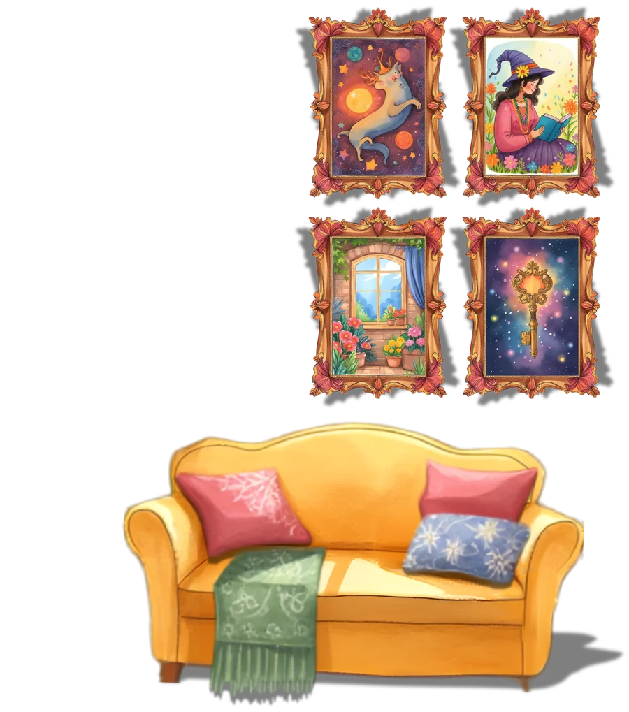 A cosy corner of the valley home: a couch with pillows and a throw beneath four framed paintings