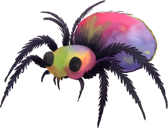 A colourful fuzzy spider with rainbow-striped legs