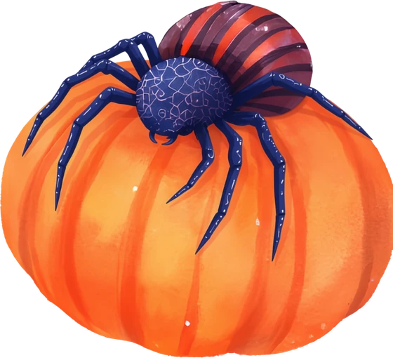 A blue spider perched on a small orange pumpkin