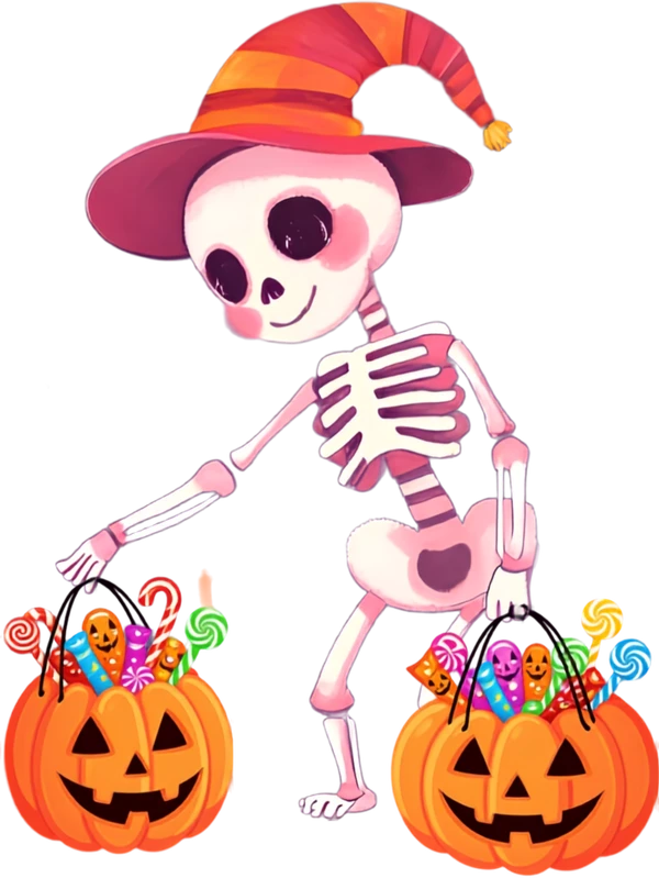 A pink-toned skeleton in a striped witch hat, trick-or-treating with two jack-o-lantern buckets full of candy
