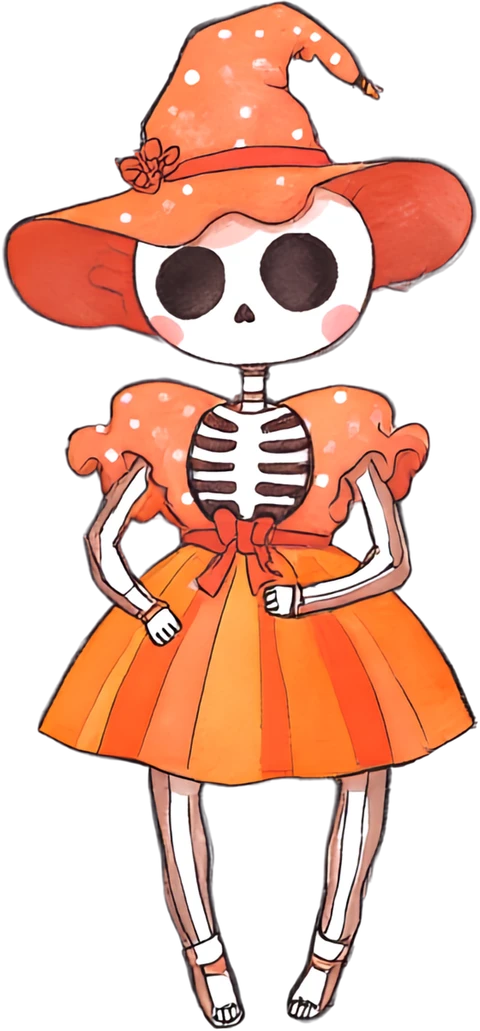 A skeleton in an orange pleated dress and a polka-dot witch hat with a bow, hands on hips