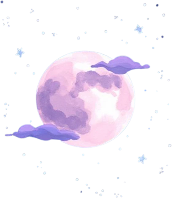 A dusty pink full moon wreathed in purple clouds, surrounded by stars