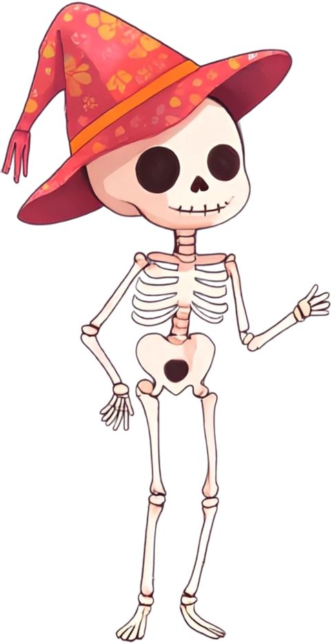 A skeleton in a red floral witch hat, waving one hand