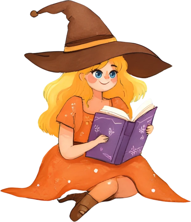A young witch in an orange dress and wide-brimmed hat, sitting cross-legged and reading a purple spellbook